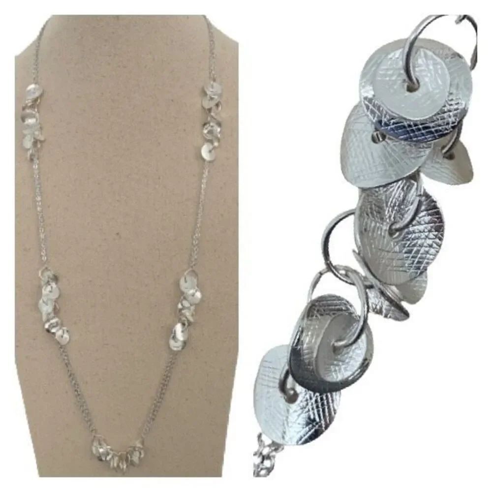 Chico’s Disco Silver Charm Metal Disc Double Chain Long Necklace